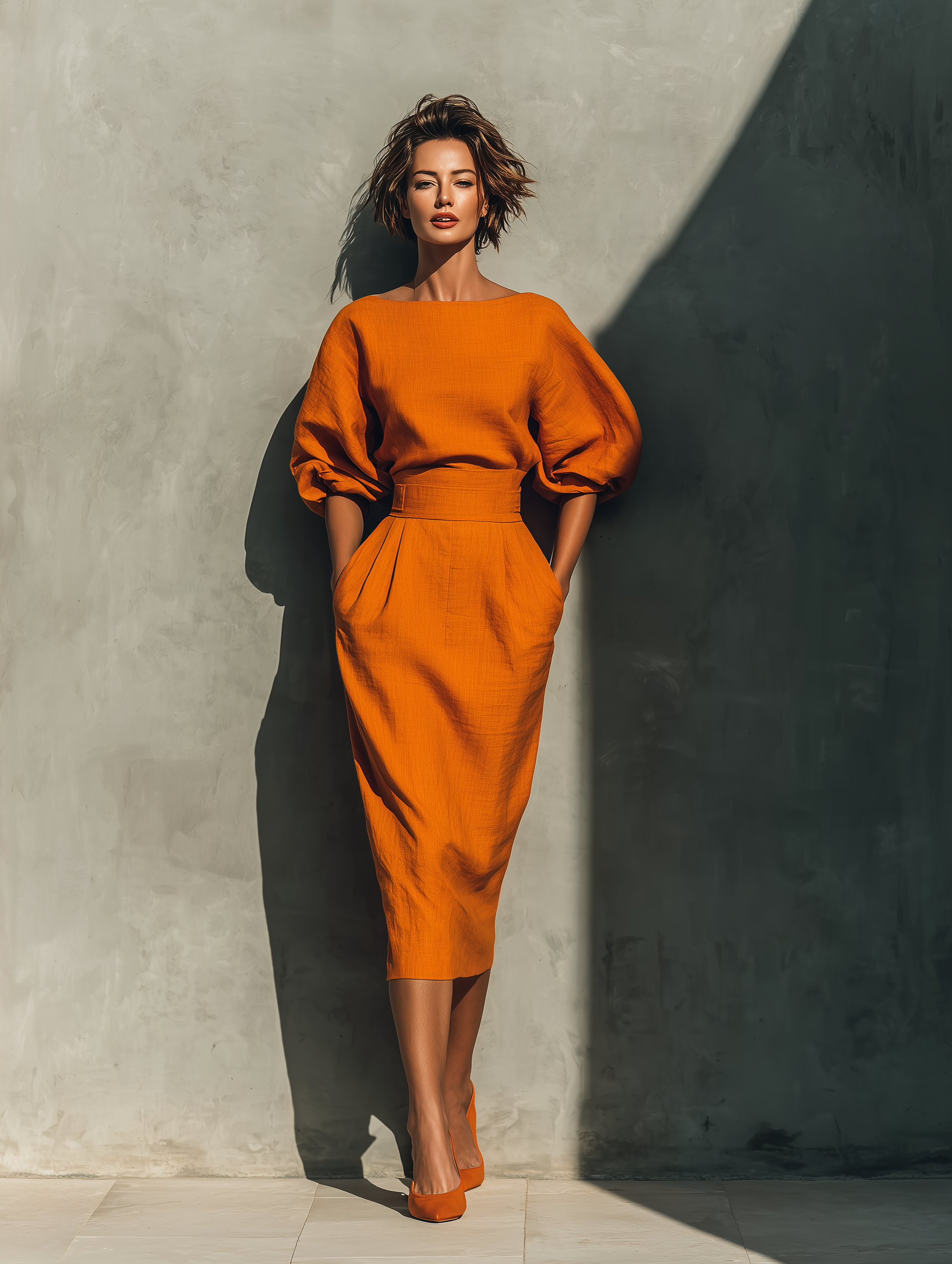 Ensemble top à manches moyennes et jupe midi pour femmes en orange MDA2511G6T