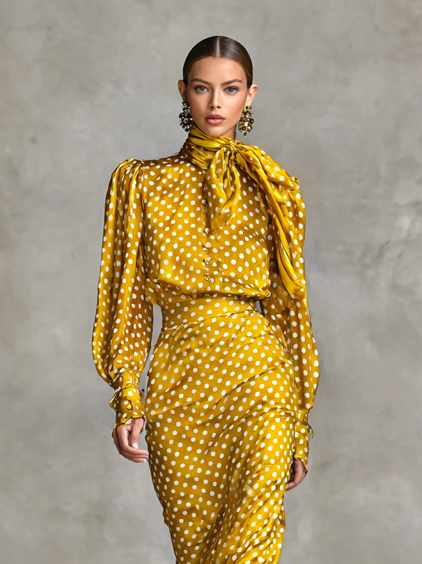 Ensemble chemise et jupe en soie vintage avec imprimé à pois pour femmes (sans écharpe) MDA3073G0Y