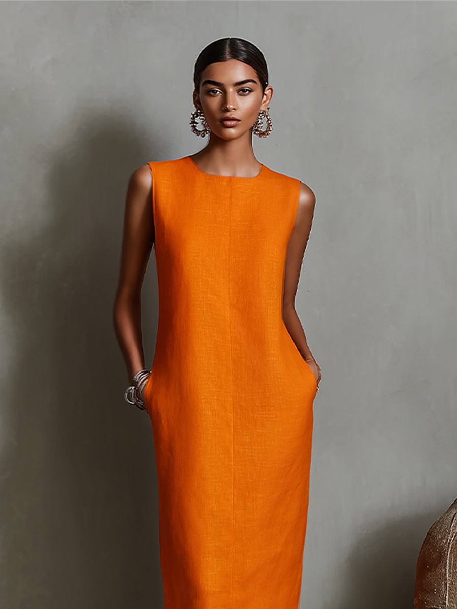 Robe en lin orange pour femmes avec col rond sans manches et poches latérales, style minimaliste-élégant intemporel MDZ2851C7I
