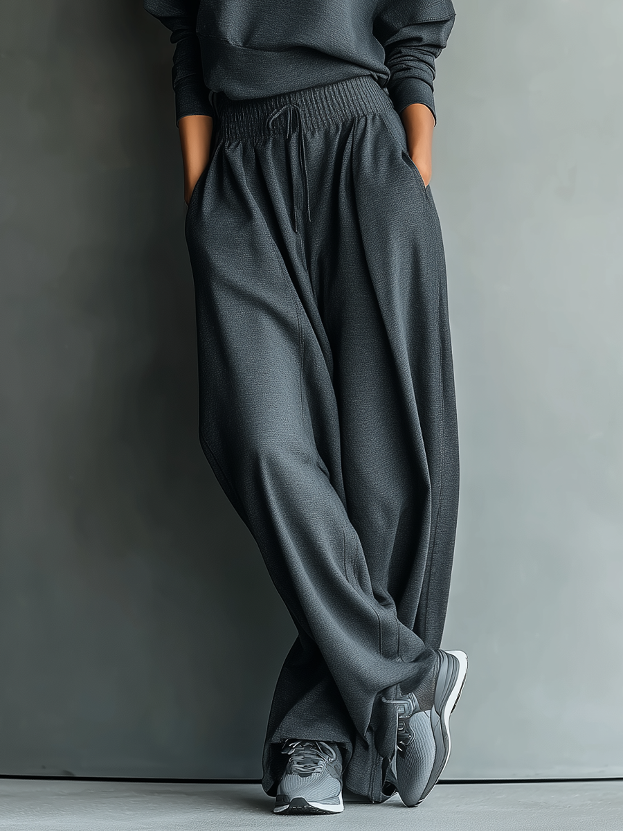 Ensemble haut ample avec col roulé et pantalon large pour femmes en tissu tricoté couleur anthracite MDA2435L7T
