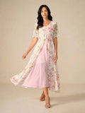Robe A-Line en chiffon fleuri avec manches en dentelle