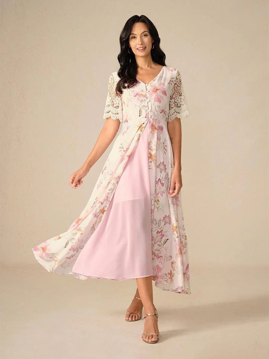 Robe A-Line en chiffon fleuri avec manches en dentelle