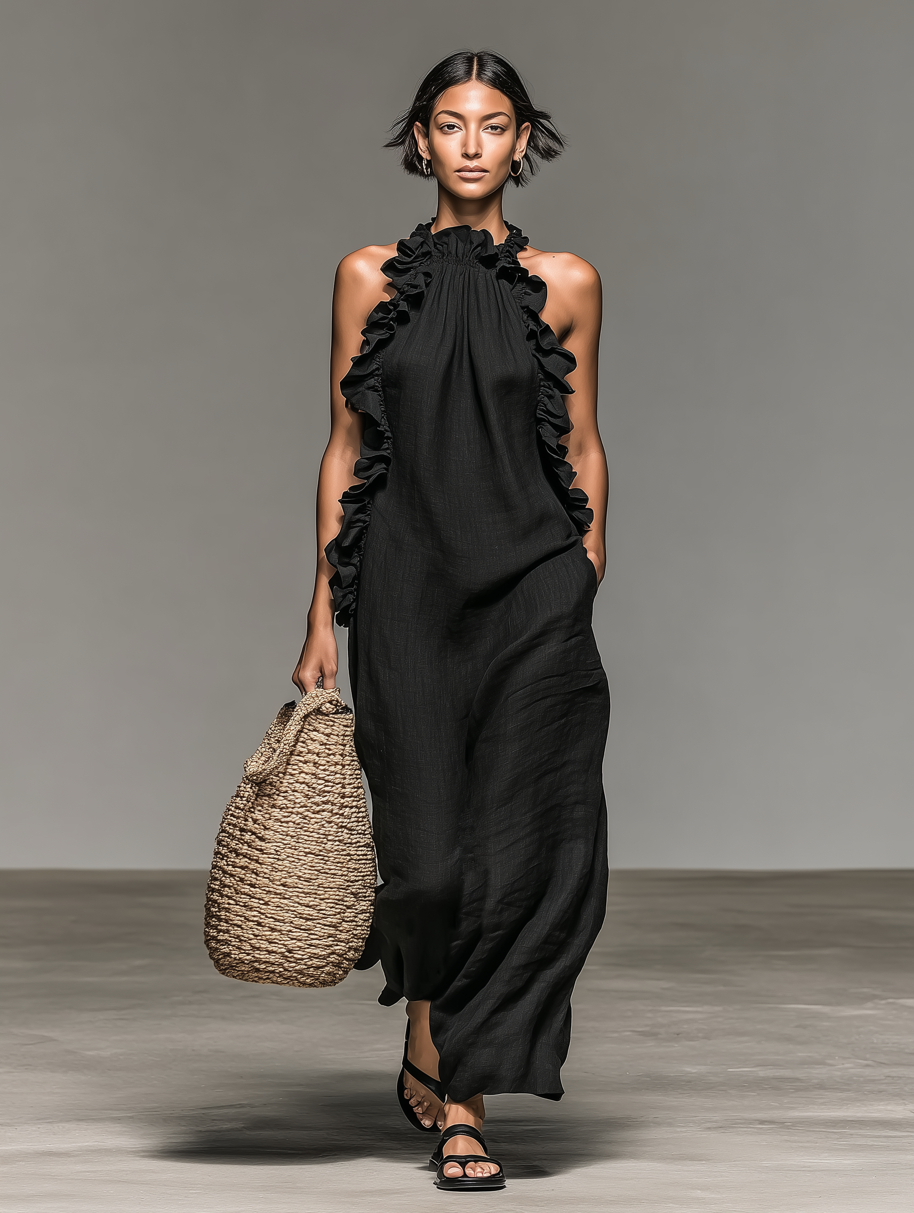 Robe maxi sans manches au design minimaliste en lin MDZ1622A0Y