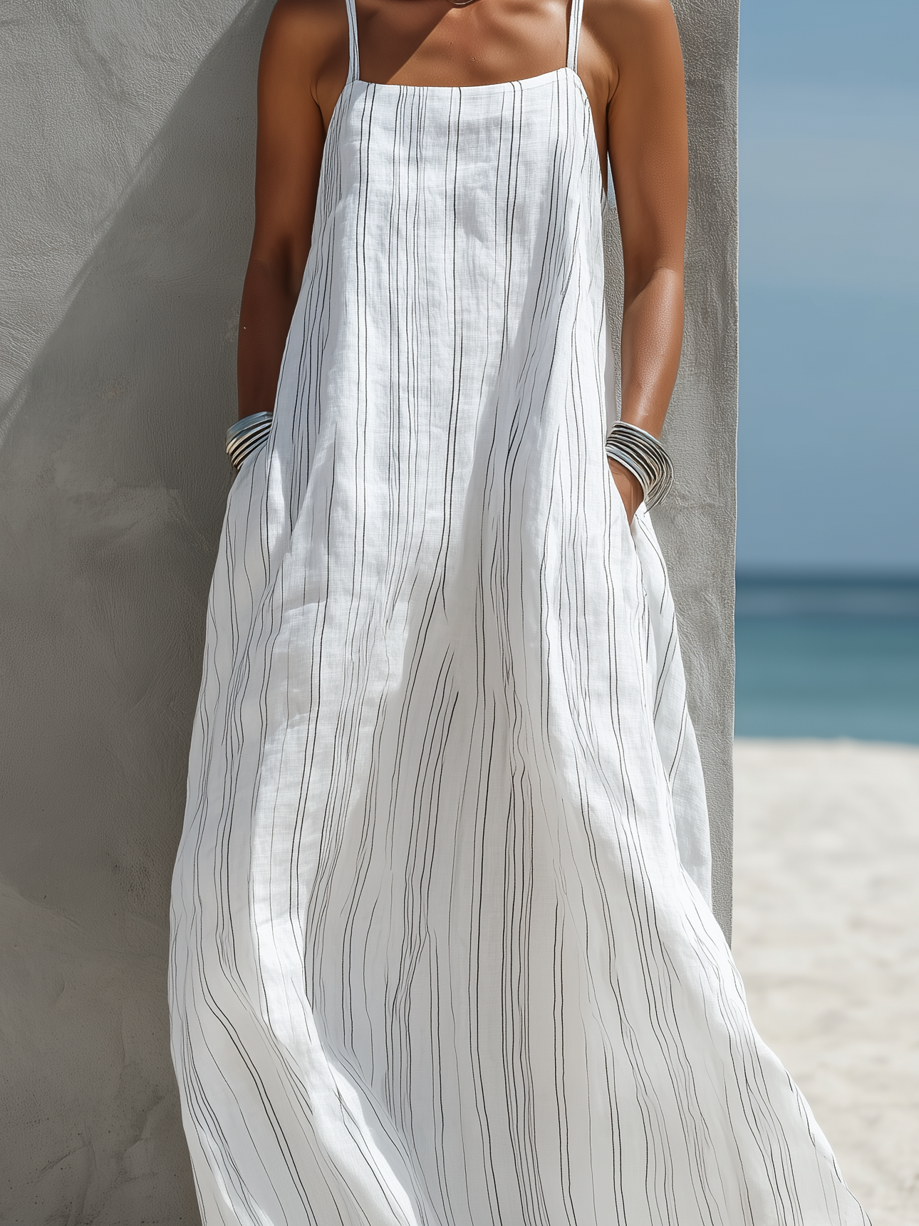 Robes longues pour femmes avec rayures verticales, blanc, léger et fluide MDZ0324C9AN
