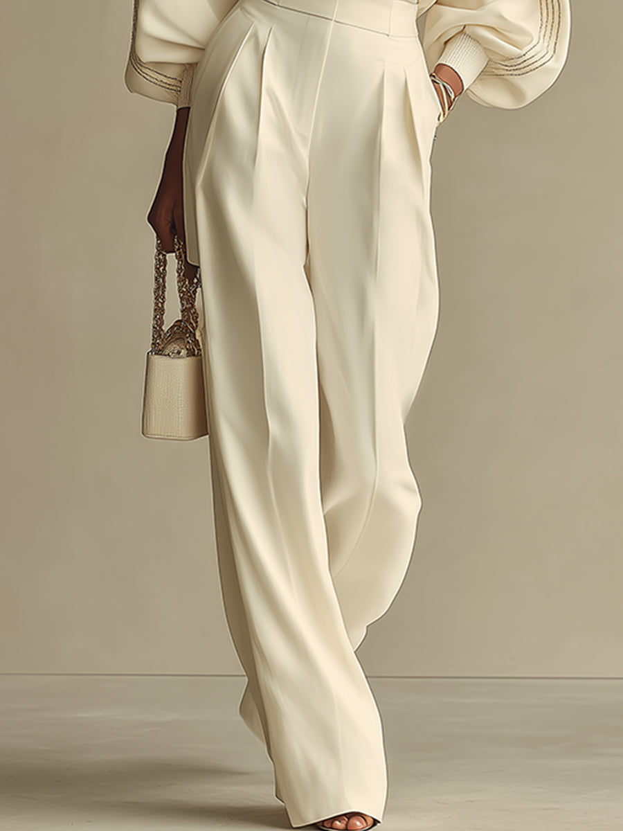 Ensemble texturé couleur ivoire pour femmes avec col rond froissé et pantalon taille haute, ensemble moderne et raffiné MDA2231L6I
