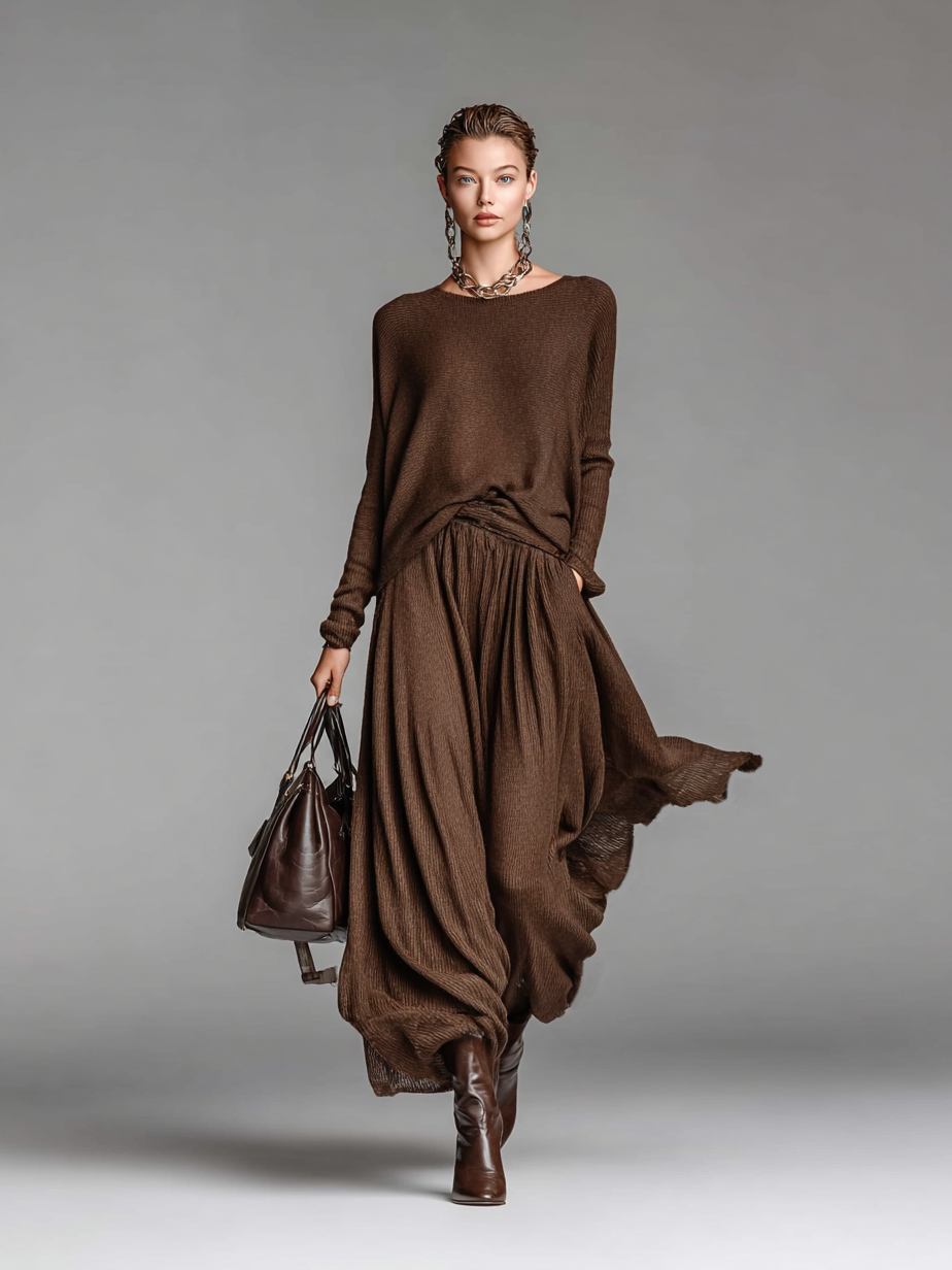 Ensemble jupe et pull à col rond pour femmes MDA0737H3Y
