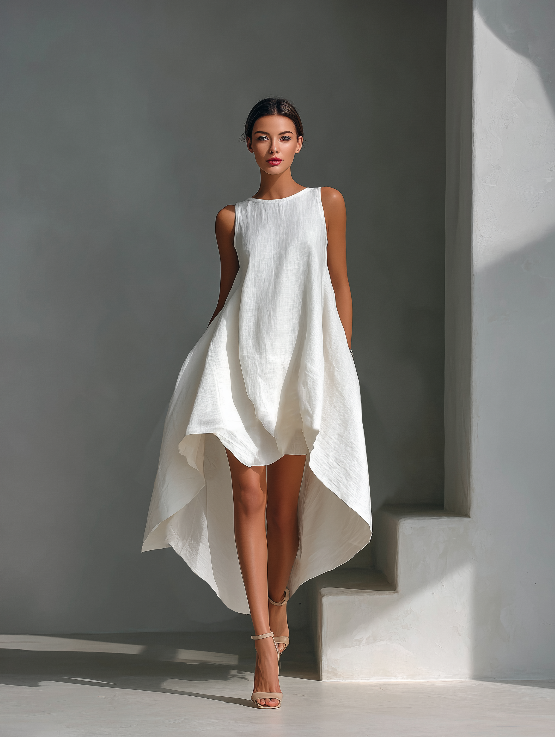 Robes midi pour femmes en lin blanc sans manches avec col rond et jupe asymétrique MDZ0987B9T