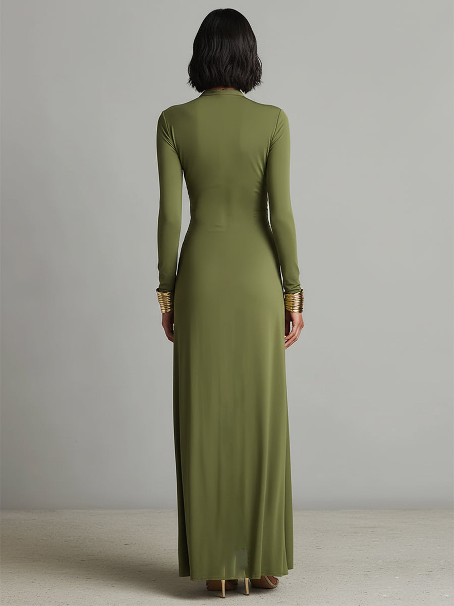 Robe en soie olive pour femmes avec coupe ajustée, décolleté en V profond et détails froissés, robe maxi éclatante MDA0509L8I