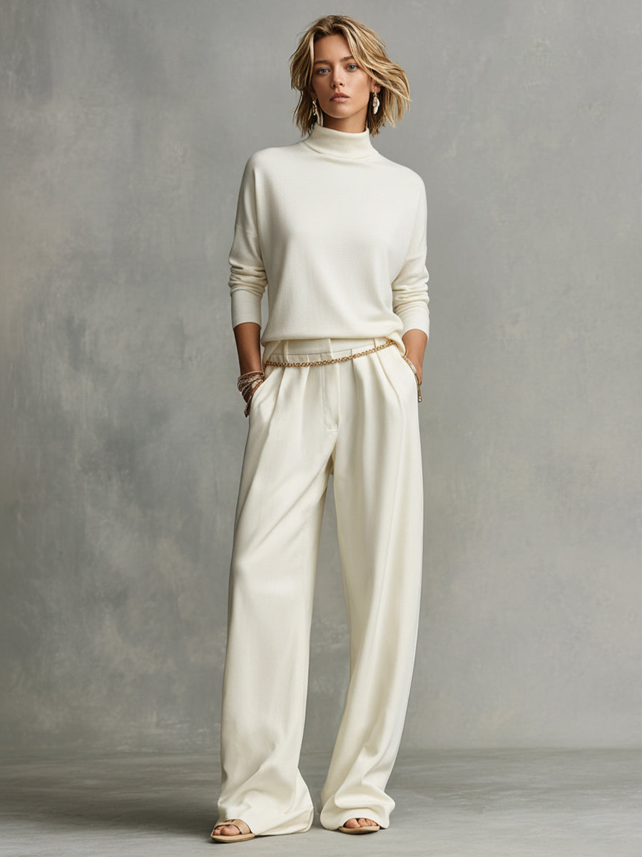Chemise Turtleneck Femme en Crème avec Pantalons Amples MDA0185K5I