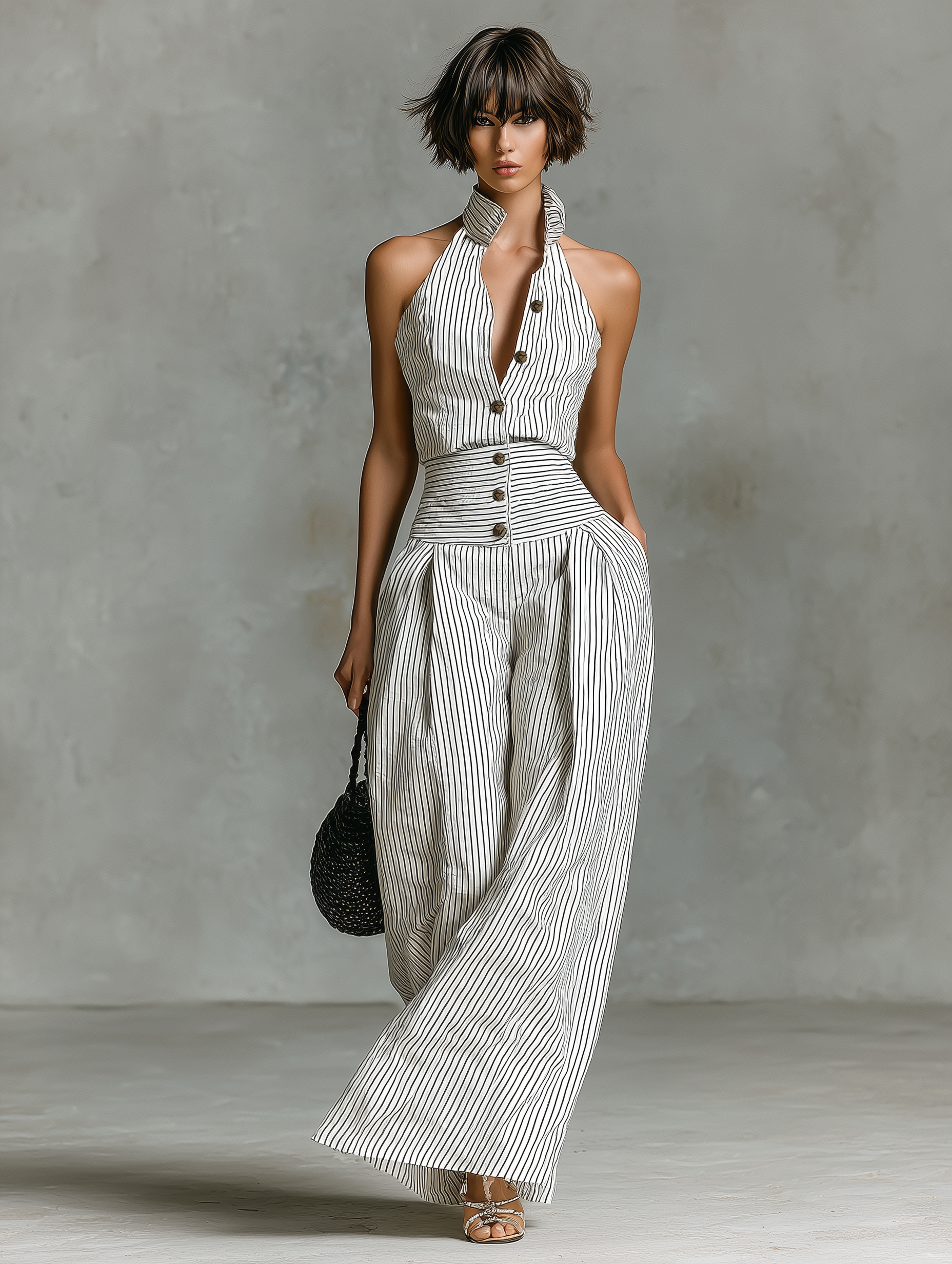 Ensemble minimaliste pour femmes avec rayures en lin sans manches avec une fermeture MDZ1950C7Y