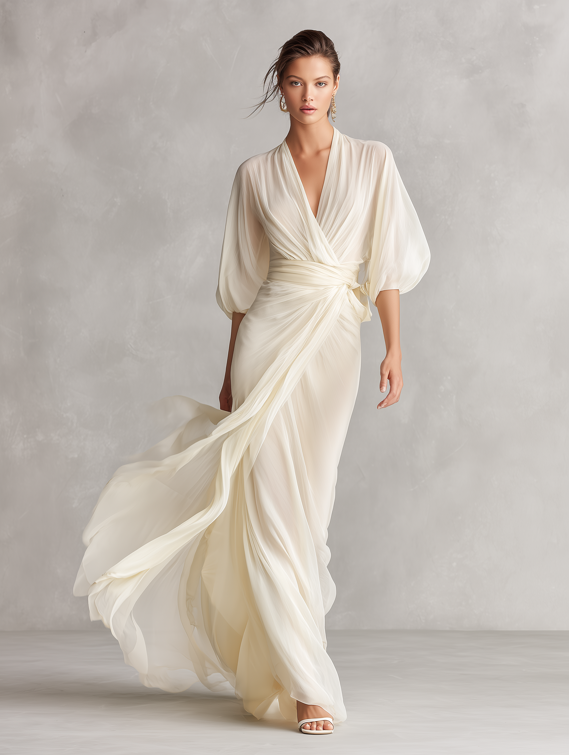 Robe en chiffon transparent couleur ivoire pour femmes avec manches bouffantes et détails de drapé, robe romantique-luxueuse classique MDZ0932A1I
