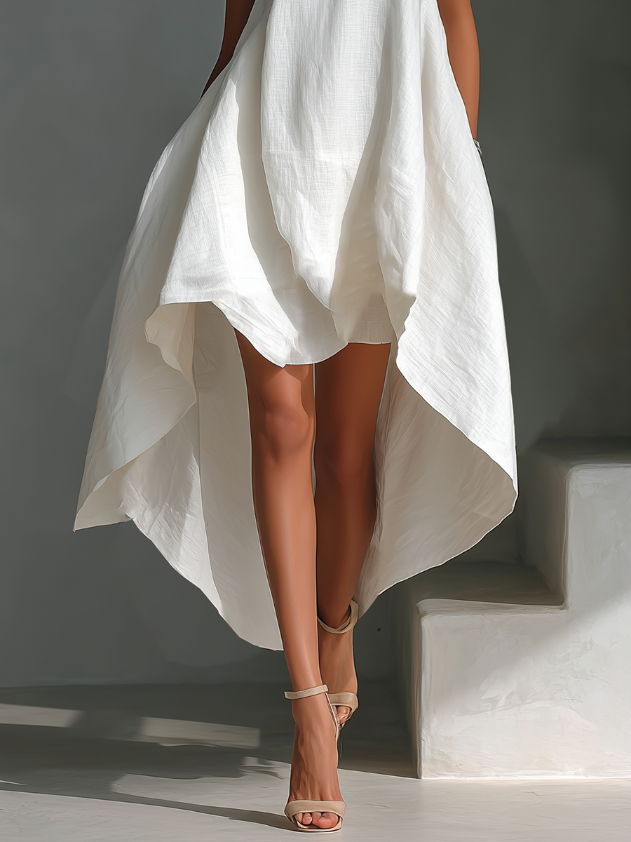 Robes midi pour femmes en lin blanc sans manches avec col rond et jupe asymétrique MDZ0987B9T