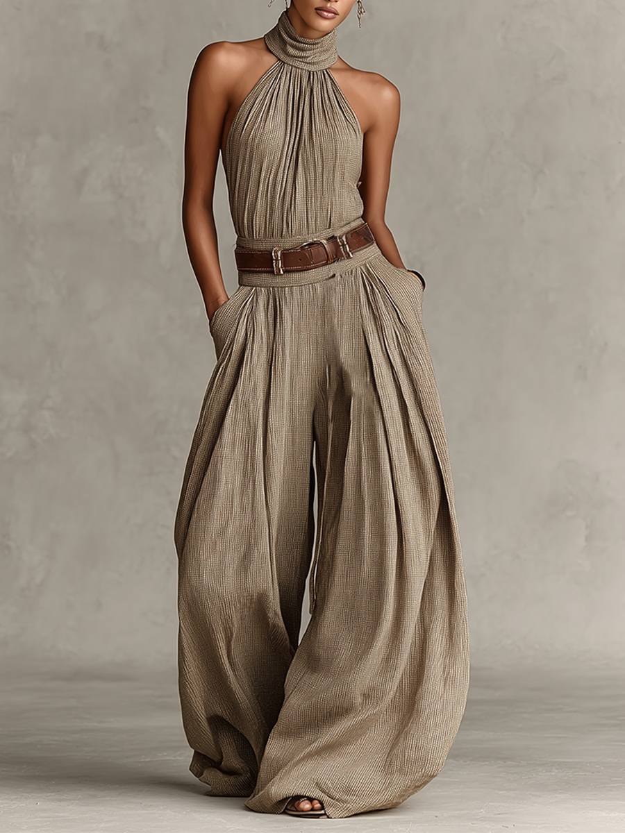 Combinaison femme couleur top avec mélange de coton, col halter et silhouette à jambes larges, style bohème-élegant intemporel (sans ceinture) MDZ0940C3I