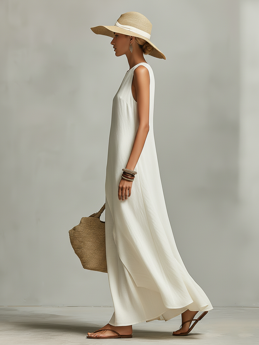 Robe femme en lin respirant couleur ivoire avec détails sans manches et ourlet asymétrique, robe au style moderne décontracté-féminin MDZ0408C2I