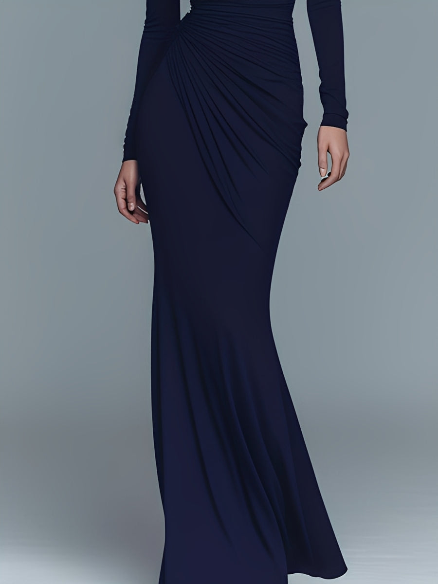Robe maxi pour femmes en couleur marine, élégante en polyester-coton avec col montant MDA1742J1I