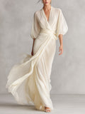 Robe en chiffon transparent couleur ivoire pour femmes avec manches bouffantes et détails de drapé, robe romantique-luxueuse classique MDZ0932A1I