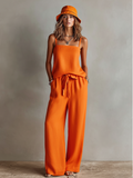 Ensemble femme orange en lin à deux pièces avec top cami à col carré et pantalon large avec ceinture, ensemble de style bohème-resort classique MDZ0825D5I