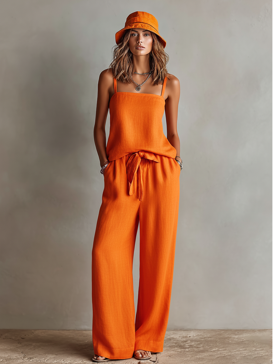 Ensemble femme orange en lin à deux pièces avec top cami à col carré et pantalon large avec ceinture, ensemble de style bohème-resort classique MDZ0825D5I