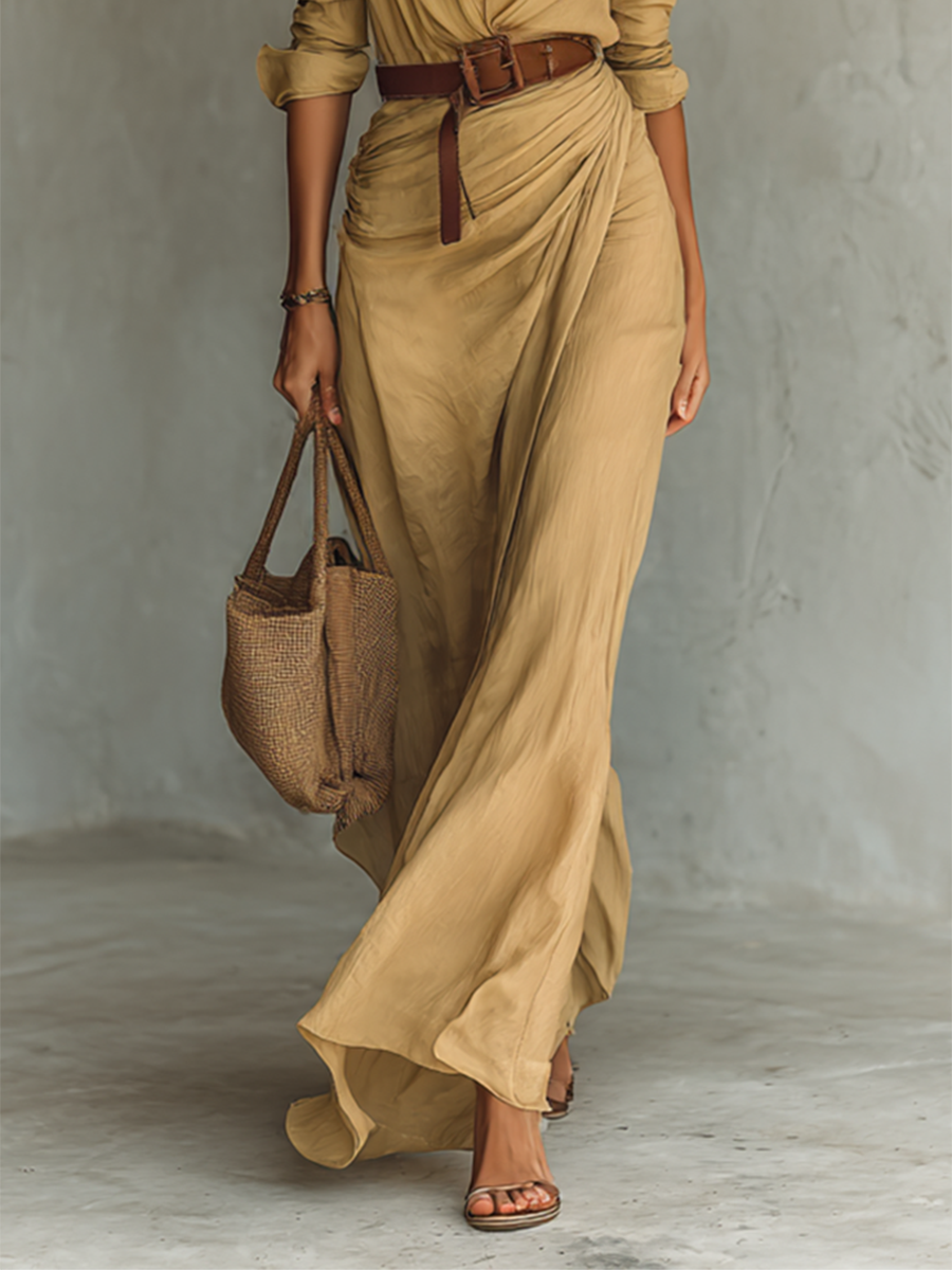 Robes maxi avec col pour femmes, à manches longues et fermeture unique MDA1500G4Y