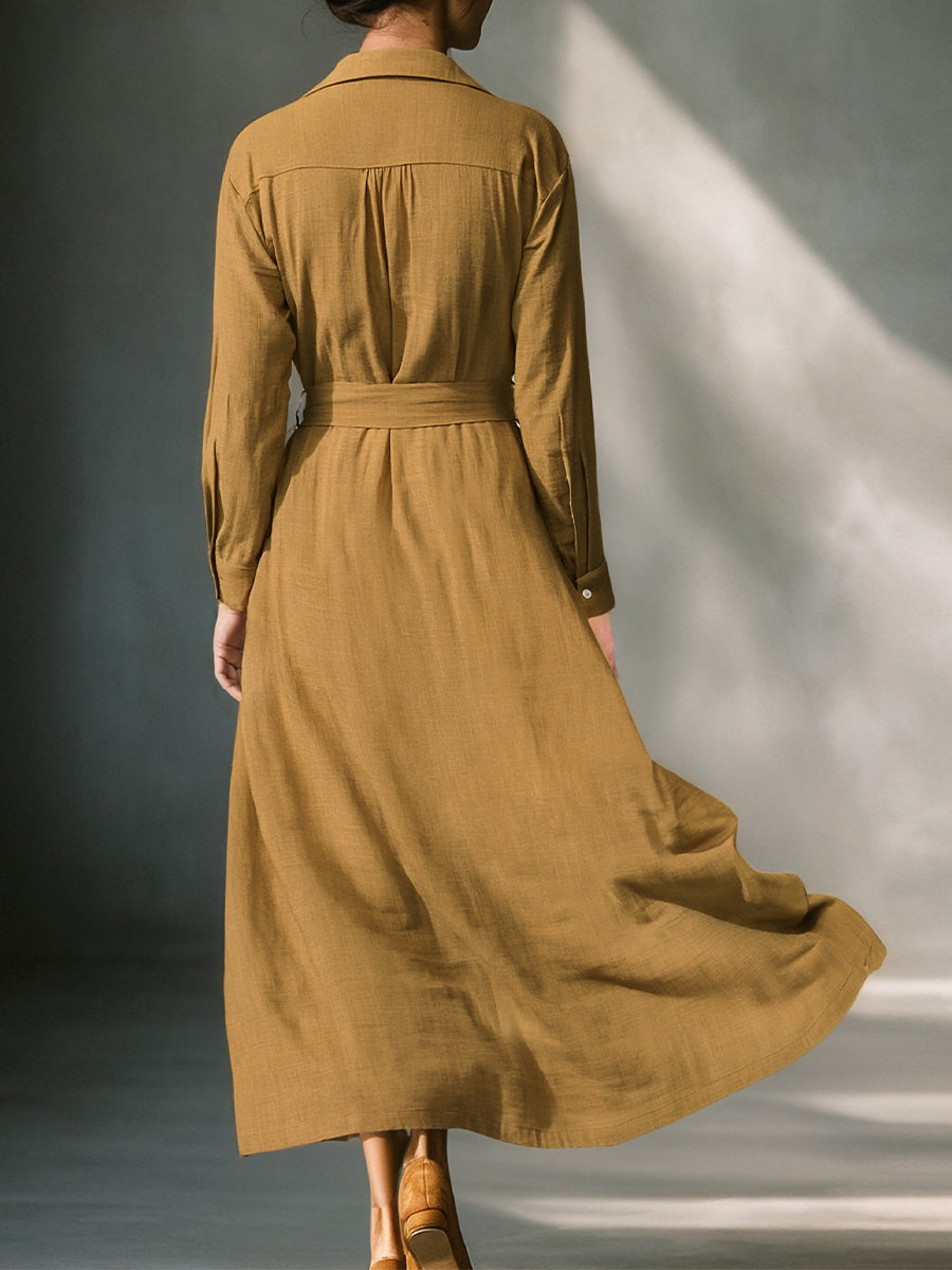 Robes à boutons en lin raffiné pour femmes - Robe mini avec ceinture couleur moutarde MDA1800I6I