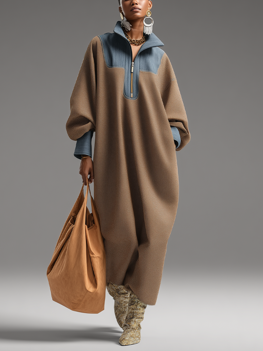 Robes longues pour femmes en couleur marron avec finition réversible et bleu denim avec col montant