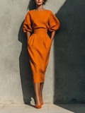 Ensemble top à manches mi-longues et jupe midi pour femmes en couleur orange