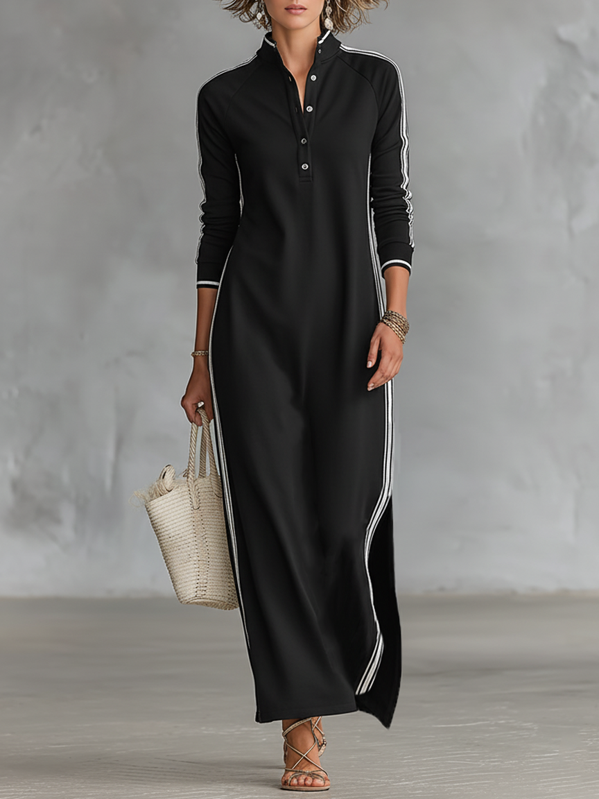Robe maxi pour femmes avec col à boutons dans un style minimaliste avec des bords blancs