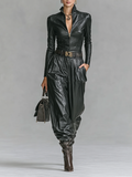 Ensemble chemise et pantalon en cuir PU pour femmes avec fermeture éclair et col montant (sans ceinture) MDA2743H0Y