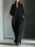 Robe maxi à manches kimono larges pour femmes en coton noir avec poches MDZ0577A3T