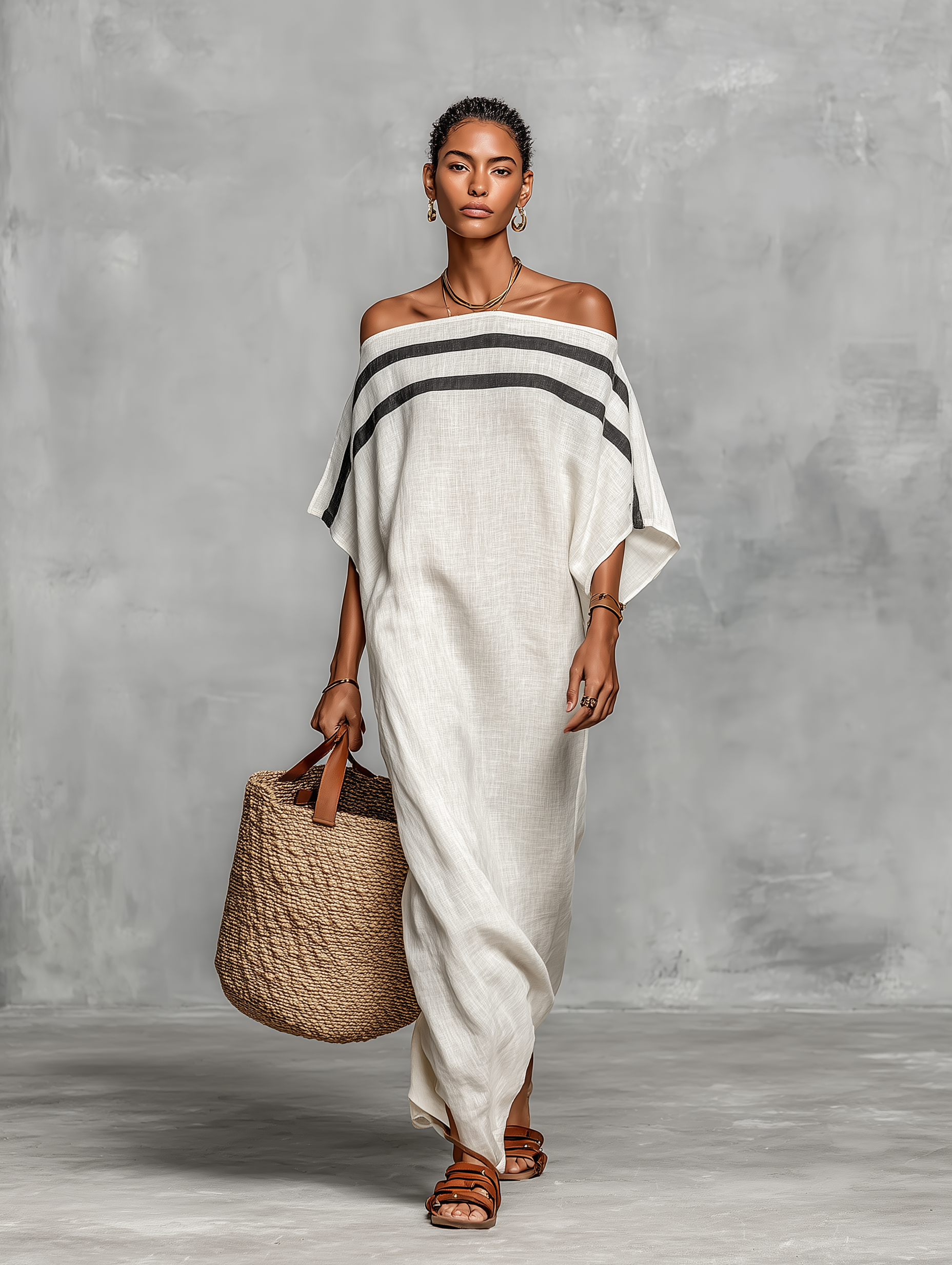 Robes maxi pour femmes dans un style minimaliste en mélange de lin avec des manches batwing et une épaule dénudée MDZ0949A8Y