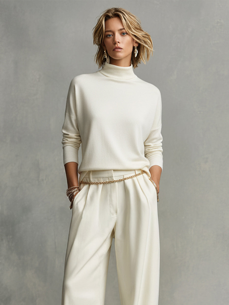 Chemise Turtleneck Femme en Crème avec Pantalons Amples MDA0185K5I