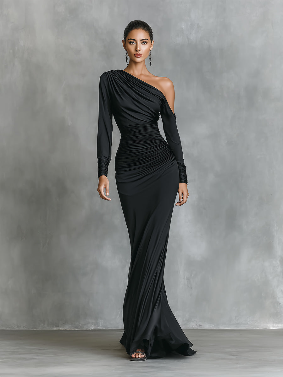 Robe maxi noire élégante pour femmes à une épaule avec ourlet MDA2278I0I