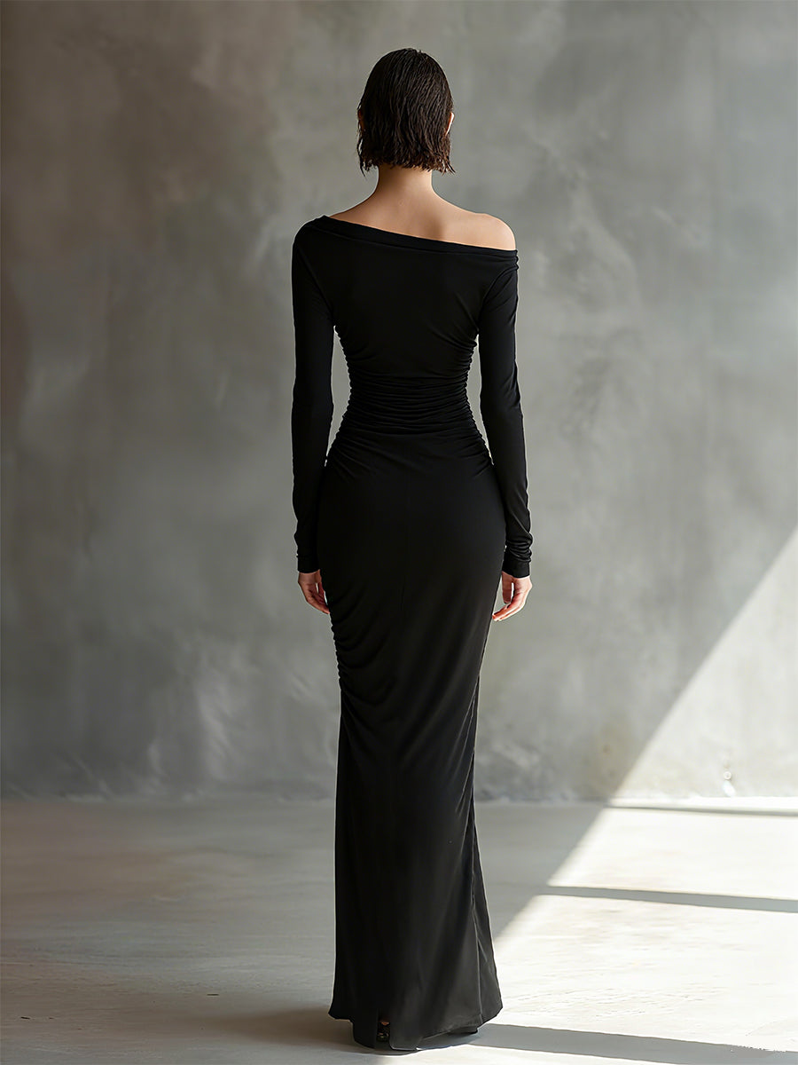 Robe maxi noire élégante pour femmes avec épaules dénudées et déchirures MDA2125H9I