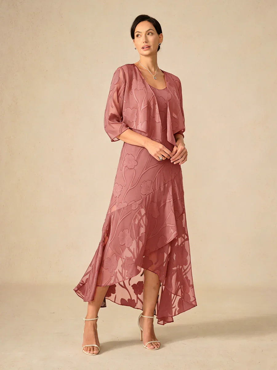 Robe de soirée sans manches en chiffon floral avec des bords asymétriques