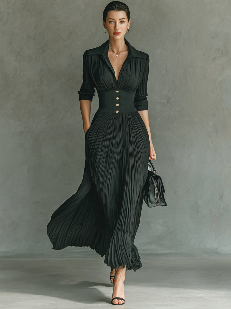 Robes maxi longues avec manches longues, col à volants et plis