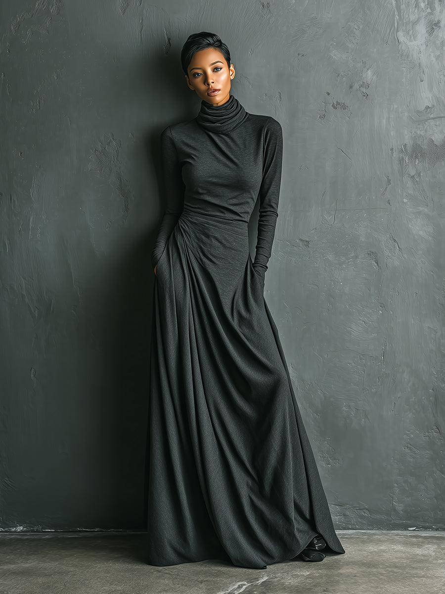Robe maxi femme couleur anthracite avec col haut en tissu polyester-coton élégant MDA1727J1I