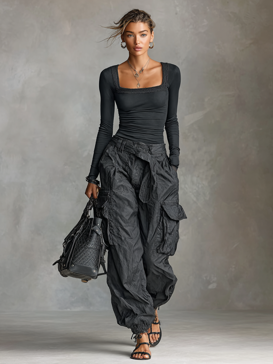 Ensemble deux pièces t-shirt à manches longues avec col carré et pantalon cargo avec de nombreuses poches