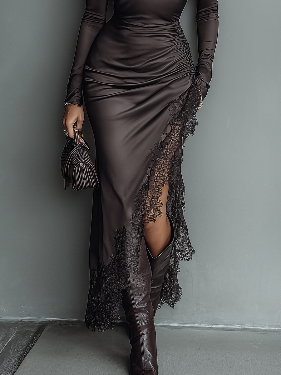 Robe maxi avec jupe asymétrique, modèle brillant, marron foncé pour femmes MDA0501H1T