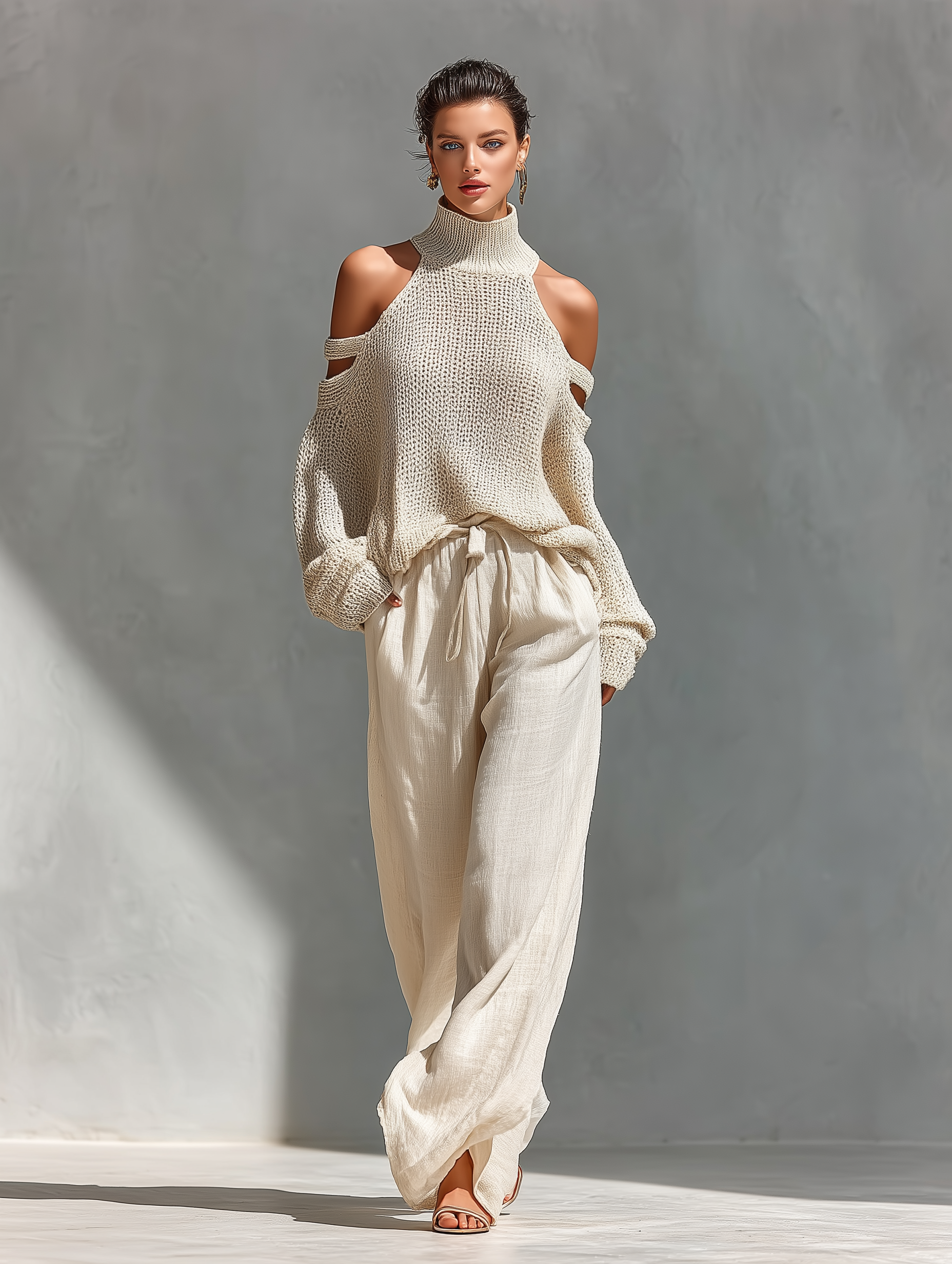 Ensemble top à col montant et bretelles froides en coton beige avec un pantalon large