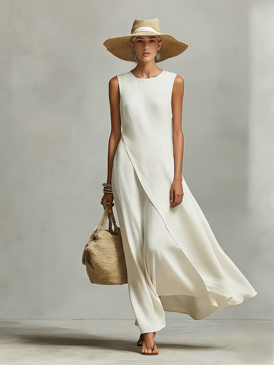 Robe femme en lin respirant couleur ivoire avec détails sans manches et ourlet asymétrique, robe au style moderne décontracté-féminin MDZ0408C2I