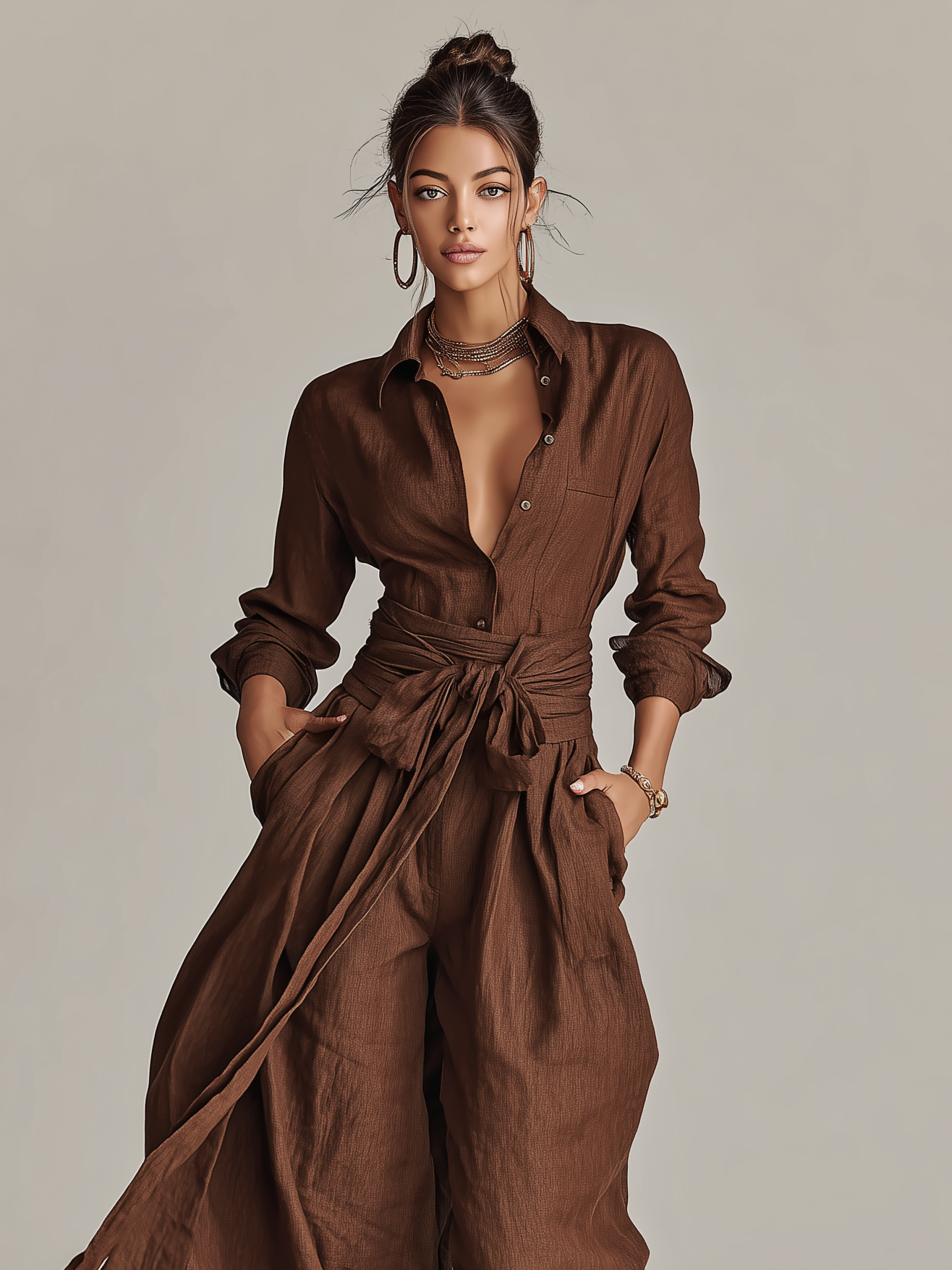 Body pour femmes avec col chemise, tissé en tissu coton-lin de couleur marron, avec ceinture MDA1965L9AN