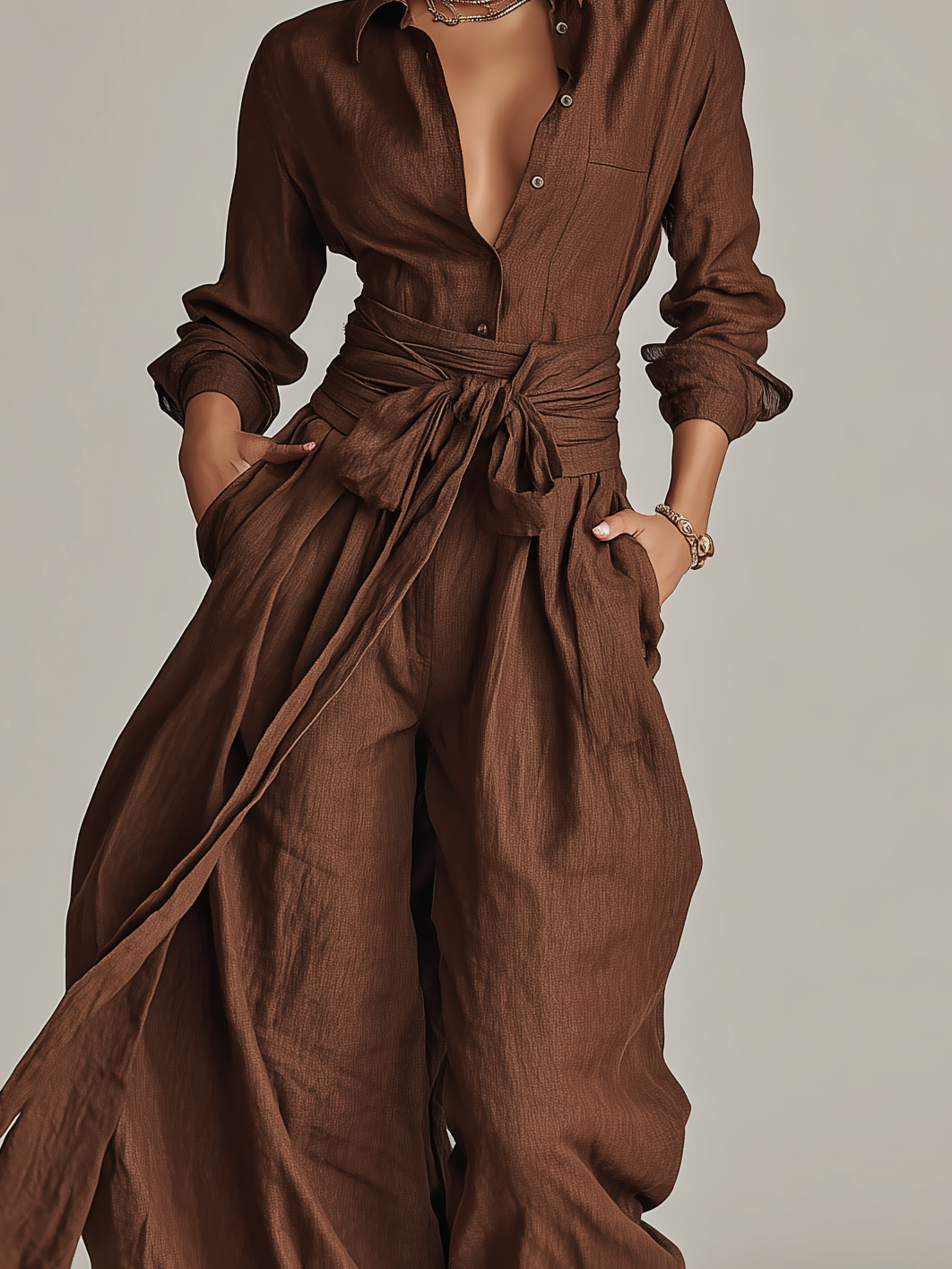 Body pour femmes avec col chemise, tissé en tissu coton-lin de couleur marron, avec ceinture MDA1965L9AN