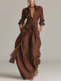 Body pour femmes avec col chemise, tissé en tissu coton-lin de couleur marron, avec ceinture MDA1965L9AN