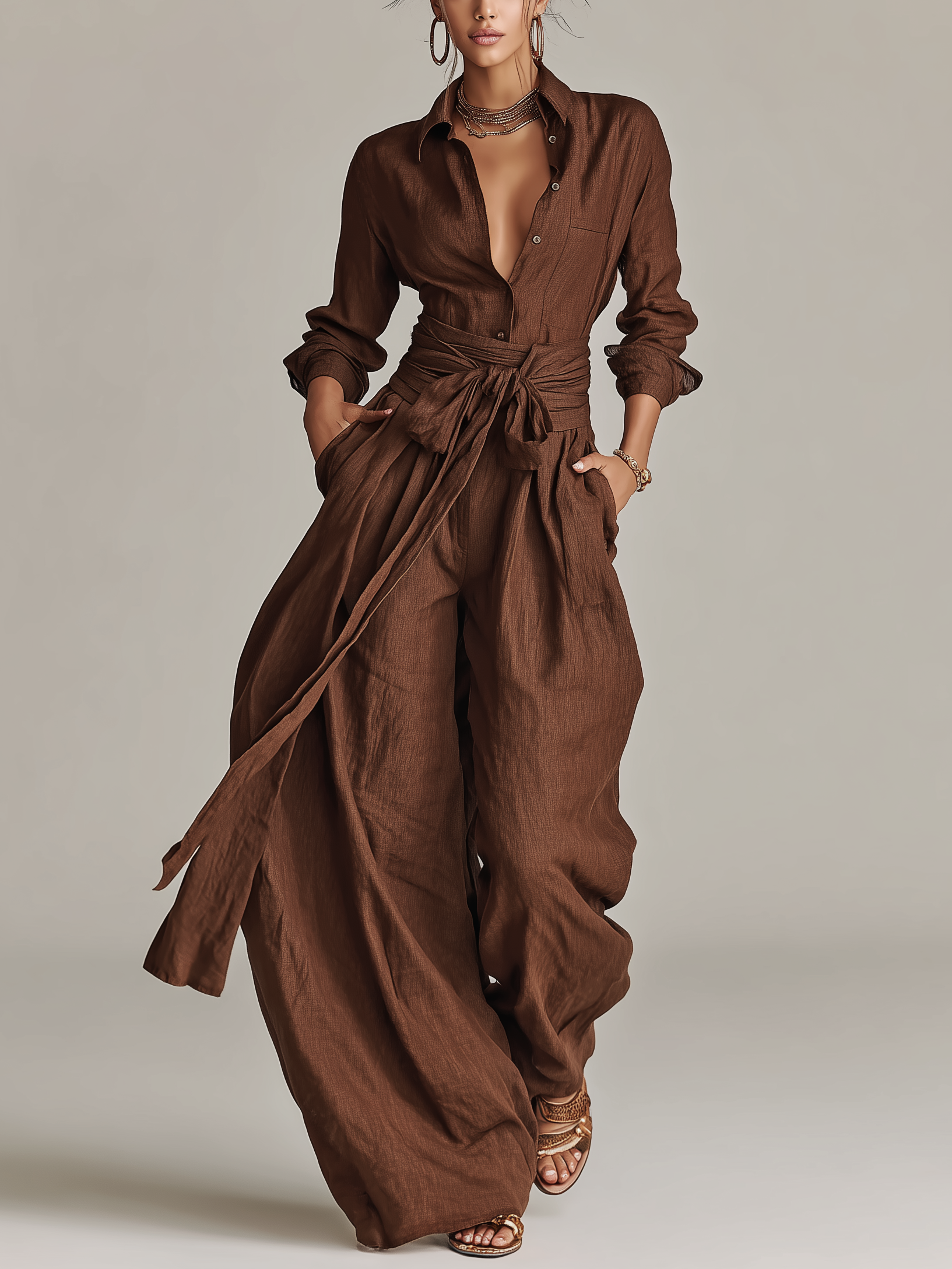 Body pour femmes avec col chemise, tissé en tissu coton-lin de couleur marron, avec ceinture MDA1965L9AN