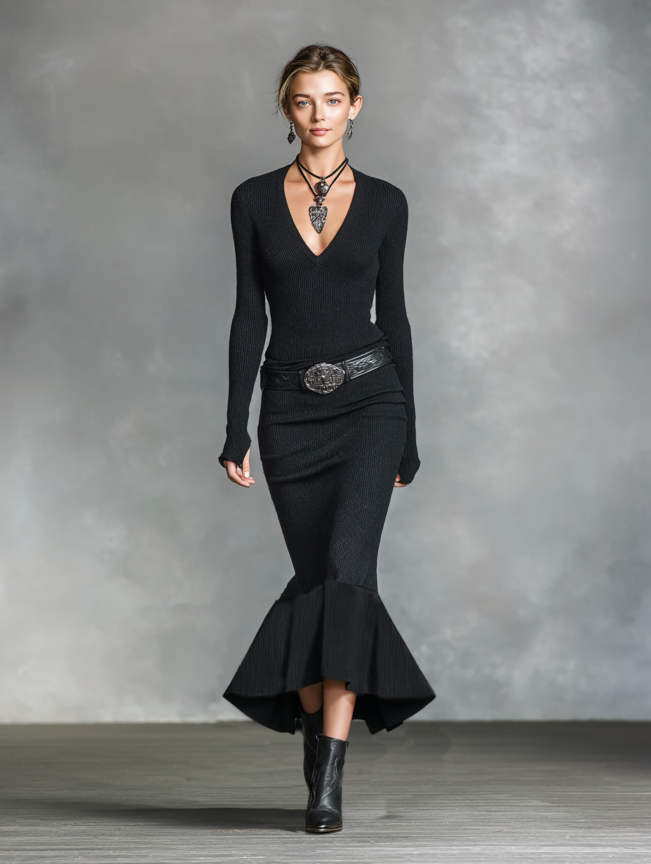 Robe maxi tricotée pour femmes avec col V ajusté et manches longues (sans ceinture) MDA0717H5Y
