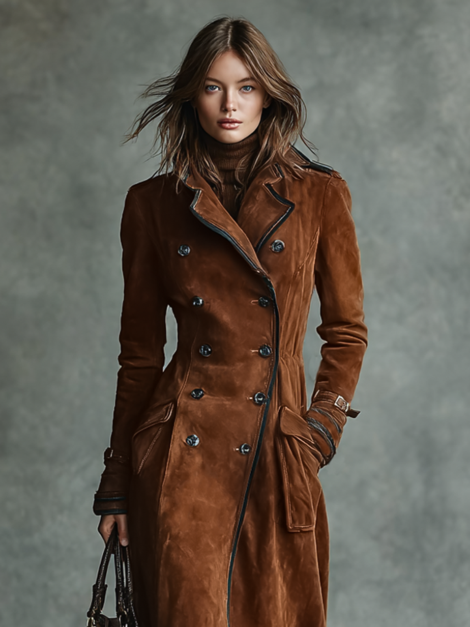 Manteau long pour femmes avec revêtement en daim, boutons doubles et pantalon MDA2580H6Y