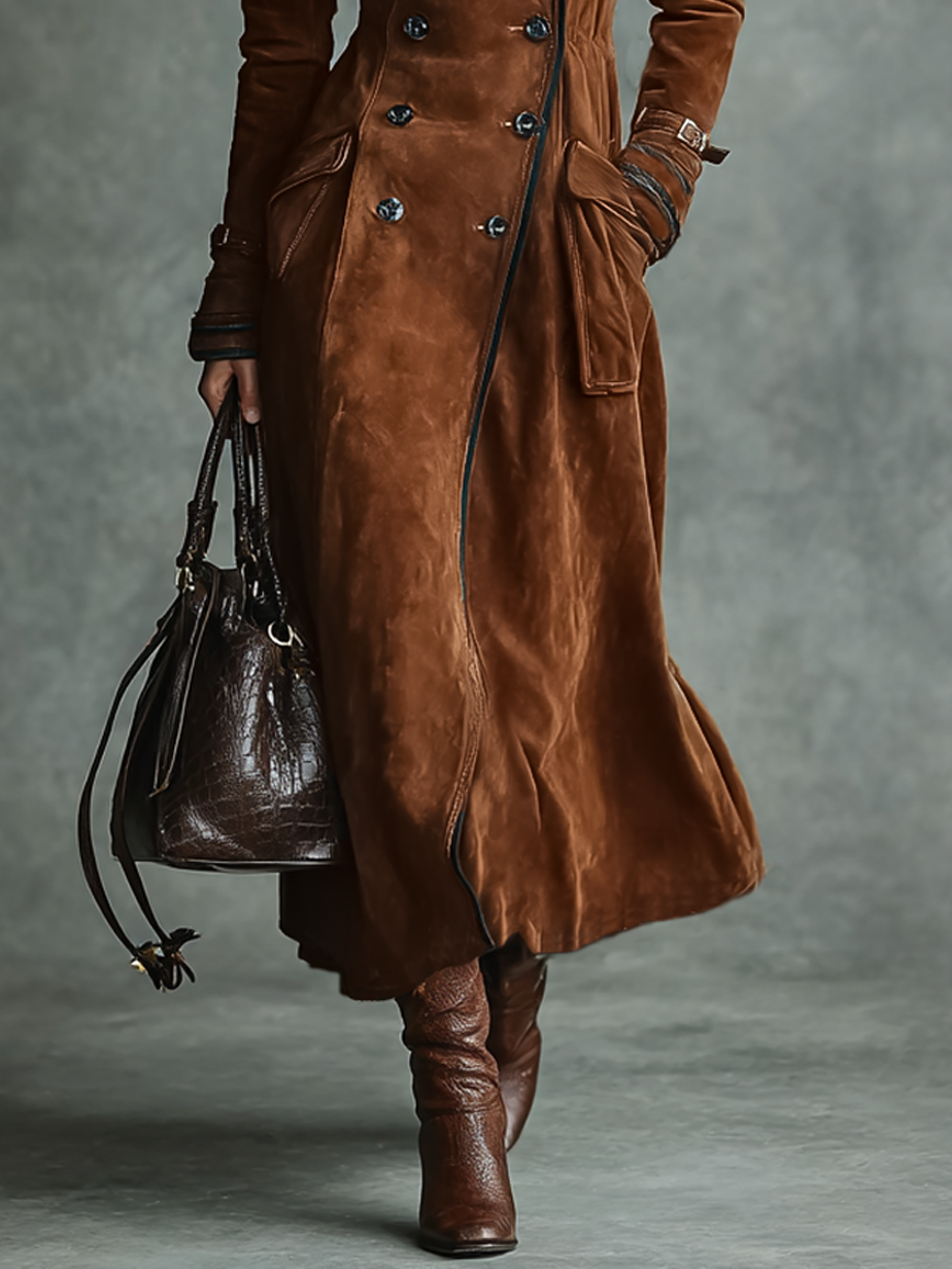 Manteau long pour femmes avec revêtement en daim, boutons doubles et pantalon MDA2580H6Y