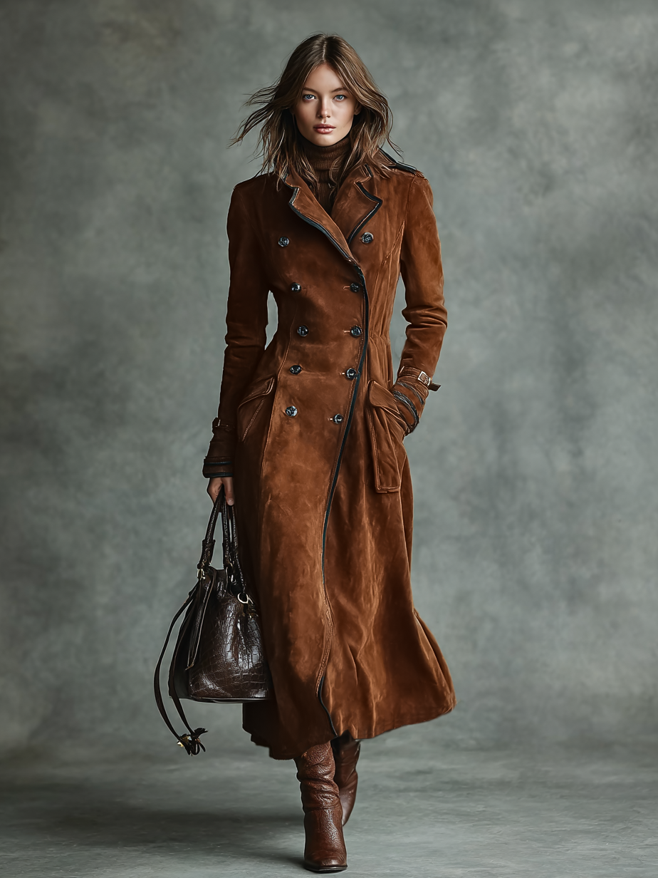 Manteau long pour femmes avec revêtement en daim, boutons doubles et pantalon MDA2580H6Y
