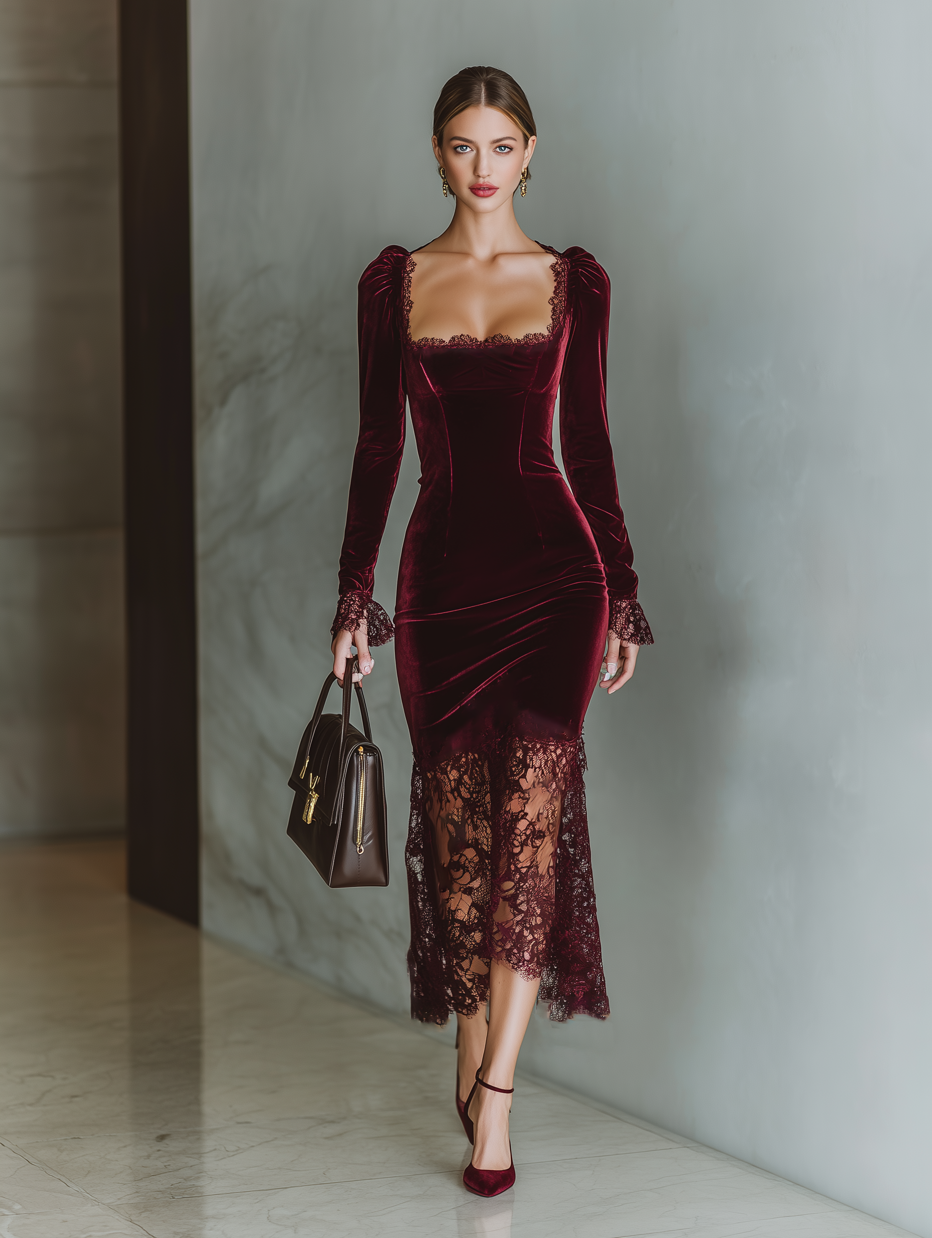 Robe maxi adaptée aux femmes en velours bordeaux MDA1190J4T