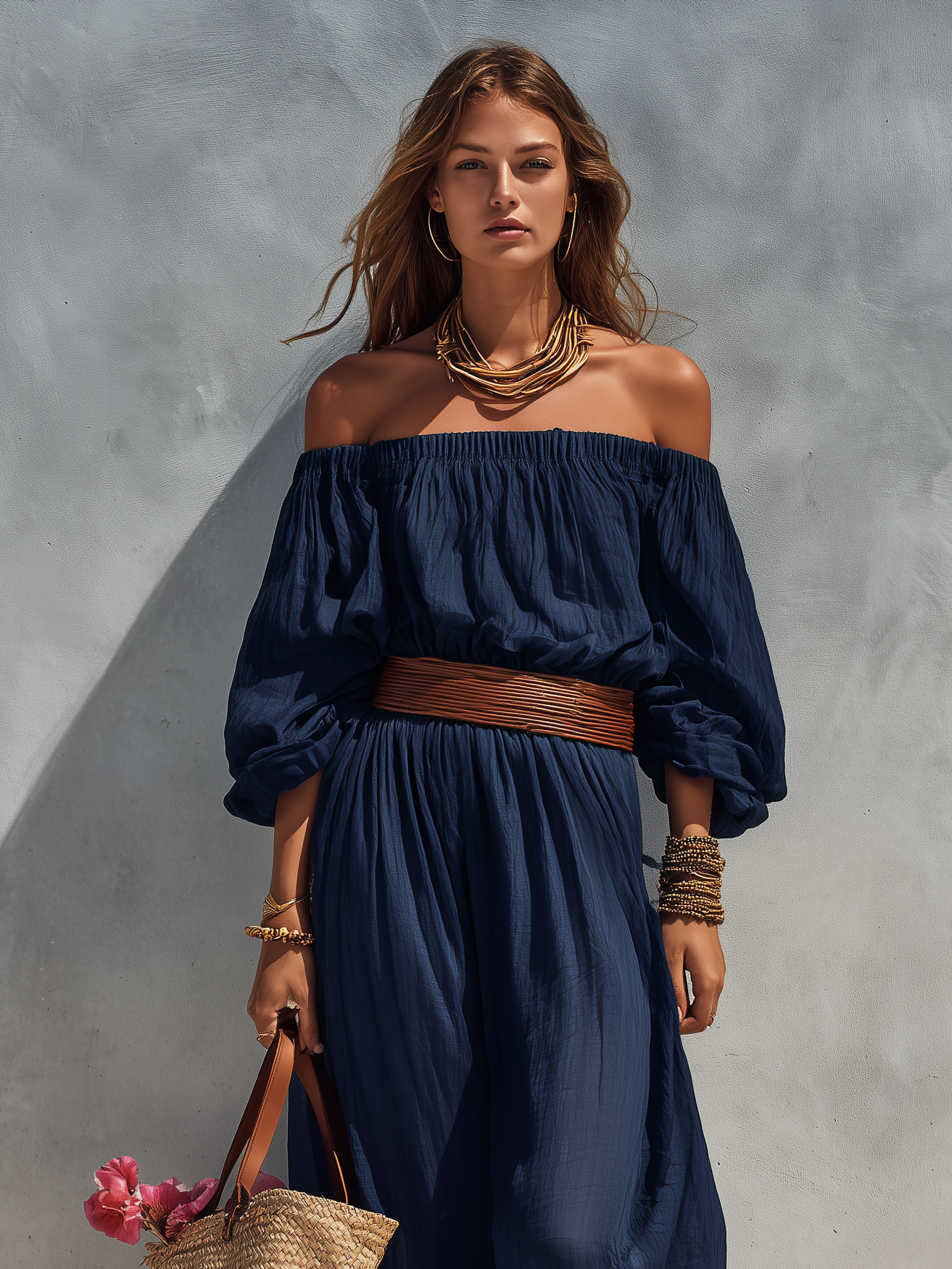 Robe d'été pour femmes en bleu marine en coton et lin sans bretelles avec manches longues (ceinture non incluse) MDZ1281C1AN